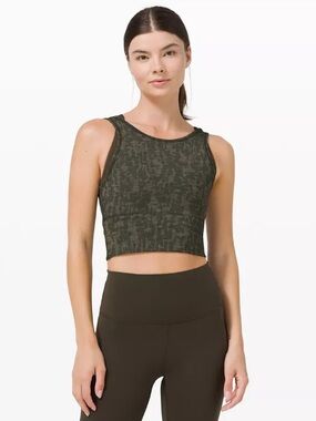 Lululemon Power Pivot Camo Sports Bra Green Longline Yoga Training Athleisure